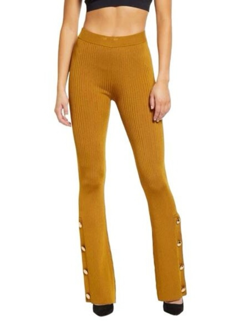 Good American Ribbed Flare Leggings Gold Mustard Snap Hem Knit Pants NWT